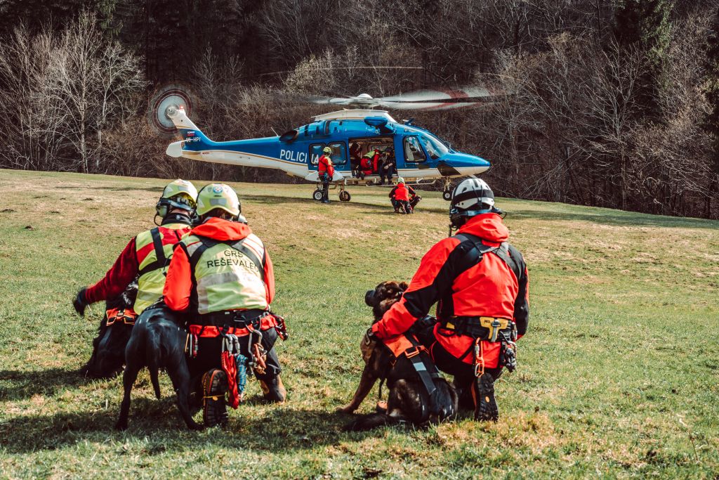 V ospredju trije gorski reševalci z reševalnimi psi, gledajo proti policijskemu helikopterju, ki pristaja na travniku