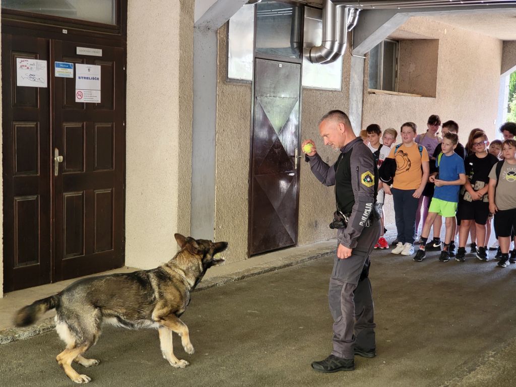 Vodnik službenega psa otrokom kaže vaje s psičko Akso.