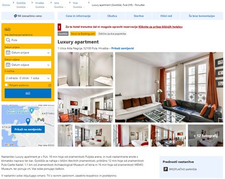 Primer lažnega oglaševanja - slike luksuznega apartmaja znotraj aplikacije Booking