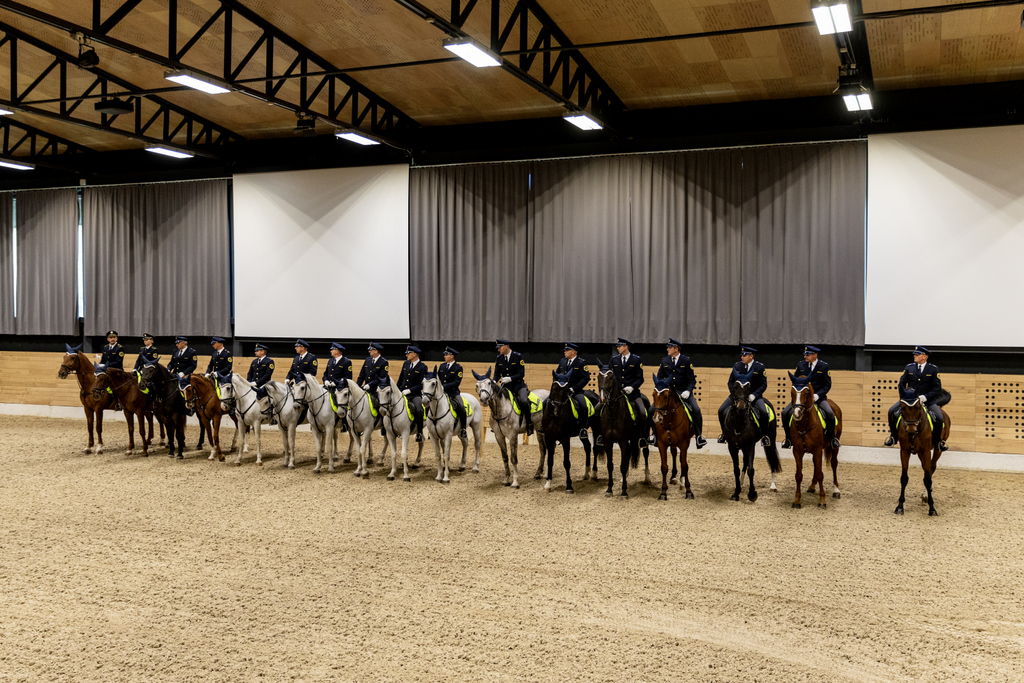 V pokriti jahalnici Kobilarne Lipica policisti konjeniki sedijo na konjih, postrojeniso v vrsto. Foto Mitja Tavčer