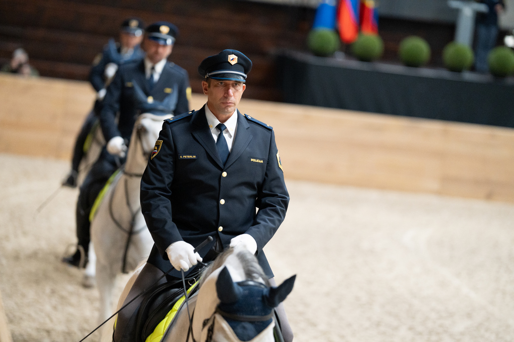 Policist konjenik v slovesni uniformi med ježo na policijskem lipicancu v jahalnici, bližnji posnetek, foto Klemen Udovč