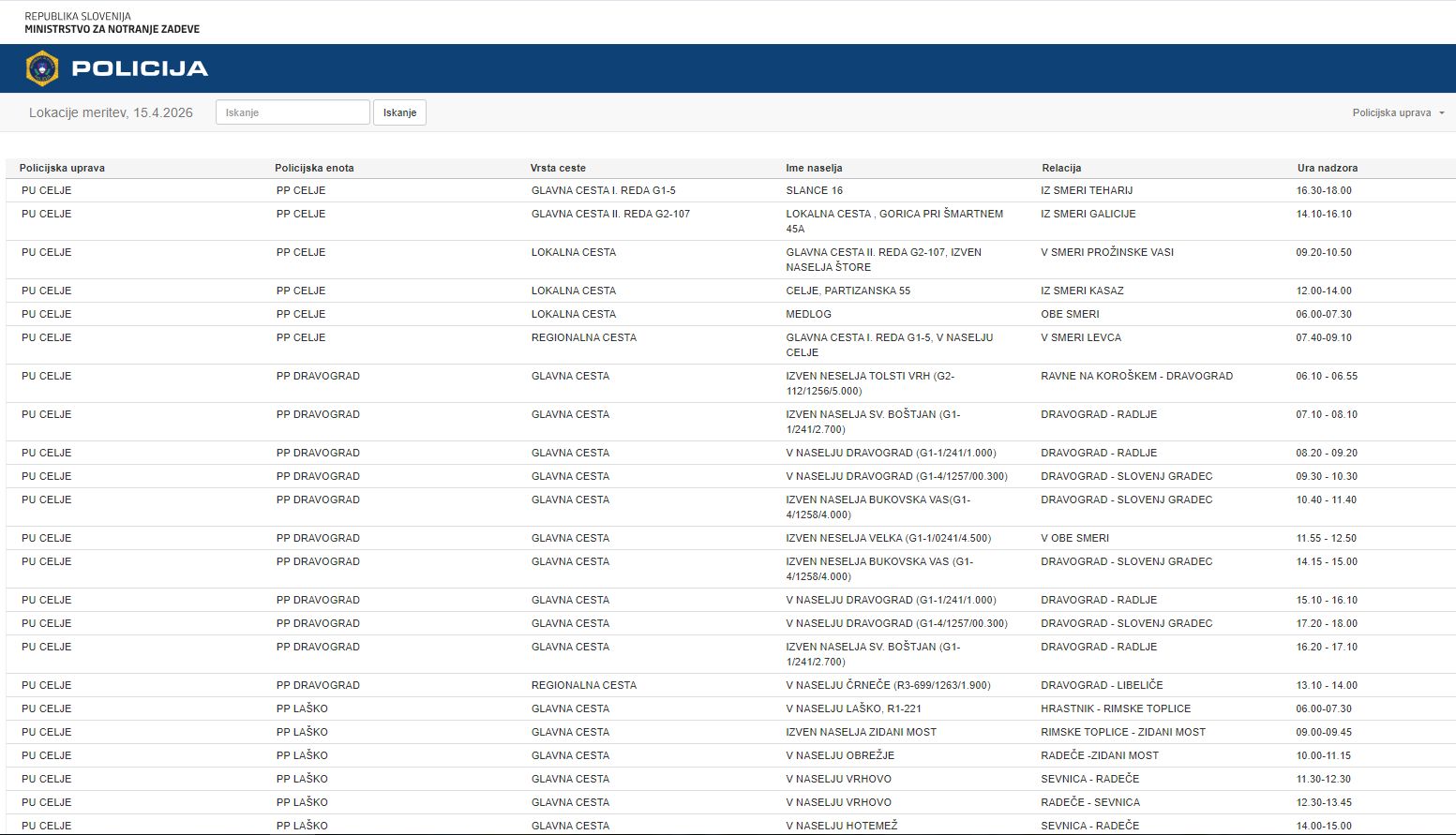 Zajem zaslona (aplikacija prikazuje lokacije nadzora)